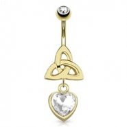 Celtic Knot with Single Clear Gem Heart Dangle Gold Tone Navel Ring