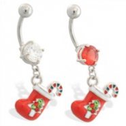Christmas Belly Ring with Dangling Jeweled Stocking