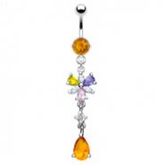 Citrine colored jeweled belly ring with dangling multi-color flower and citrine stone