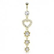 CZ Paved Heart with String Of Circular CZ Dangle Gold Tone Navel Ring
