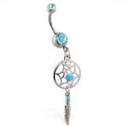 Double jeweled aqua belly ring with dangling dream catcher and feather