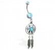Double jeweled aqua belly ring with dangling dream catcher and feathers