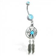 Double jeweled aqua belly ring with dangling dream catcher and feathers
