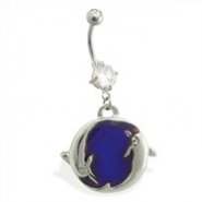 Double jeweled belly ring with dangling color changing dolphin charm