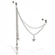 Double jeweled straight barbells with dangling stars and connecting chains, 16 ga