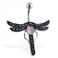 Elegant dragonfly belly button ring with pink cats eye