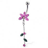 Flower belly button ring with gems and leaves on a dangle