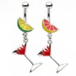 Fruit navel ring with dangling flaming martini glass