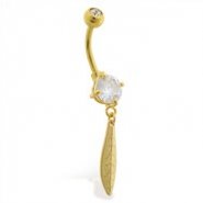 Gold Tone belly button ring with dangling feather