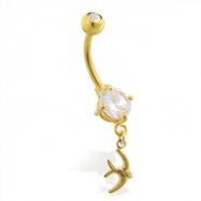 Gold Tone belly button ring with tiny dangling bird