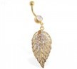 Gold Tone belly ring with large dangling leaf and gems