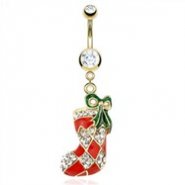 Gold Tone Christmas Belly Button Ring with Dangling Stocking