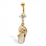 Gold Tone dangling flip-flop with flower belly button ring