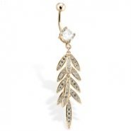 Gold Toned Belly Ring With CZ Gem Paved Leaf