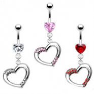 Heart belly ring with dangling jeweled heart