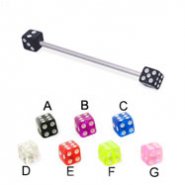 Industrial long straight barbell with acrylic dice, 16 ga