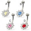 Jeweled belly button ring with colored pointed center stone