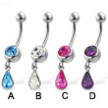 Jeweled belly button ring with dangling teardrop gem