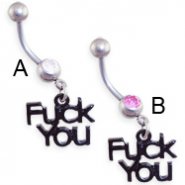 Jeweled belly ring with dangling "F*CK YOU"