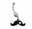 Jeweled belly ring with Dangling Black Mustache with CZ