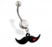 Jeweled belly ring with Dangling Black Mustache with Heart