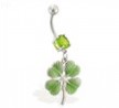 Jeweled belly ring with dangling green four leaf clover