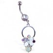 Jeweled belly ring with dangling jeweled multi-colored flower on circle