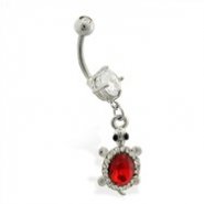 Jeweled belly ring with dangling jeweled turtle with large red gem