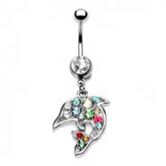 Jeweled belly ring with dangling multi-color dolphin