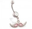 Jeweled belly ring with Dangling Pink Jeweled Mustache