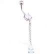 Jeweled belly ring with dangling teardrop CZ on chain