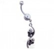 Jeweled belly ring with double skull dangle