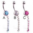 Jeweled belly ring with single jeweled dangle