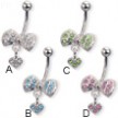 Jeweled bow belly button ring with dangling heart