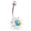 Jeweled flower belly ring with rainbow crystal ball