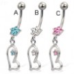 Jeweled flower navel ring with star on dangling asymmetric heart