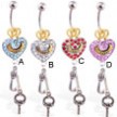 Jeweled gold-plated crown and heart navel ring with dangling letter J and key