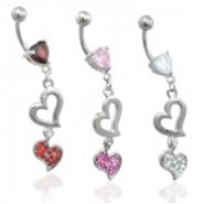 Jeweled heart belly ring dangling double hearts
