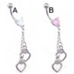 Jeweled heart belly ring with dangling heart handcuffs