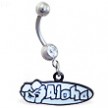 Jeweled Navel Ring with Dangling "Aloha" Sign