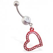 Jeweled navel ring with dangling red jeweled heart
