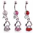 Jeweled navel ring with double heart dangle