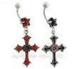 Jeweled star belly ring with dangling pewter gothic cross