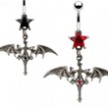 Jeweled star navel ring with dangling gothic cross and bats