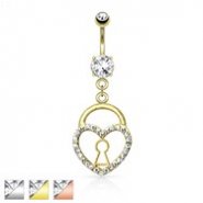 Keyhole Heart Lock With Paved Gems Dangle Navel Ring