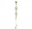Large Round CZ with Two Extending Strings Of Square Gems Dangle Gold Tone Navel Ring