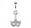 Masquerade Ball Mask with Paved Gems Dangle Surgical Steel Navel Ring