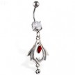 Navel ring with dangling bat tribal design with red and clear stone