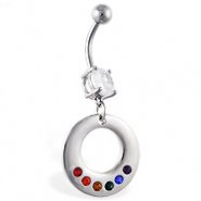 Navel ring with dangling circle with rainbow gems
