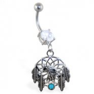 Navel ring with dangling dream catcher and feathers